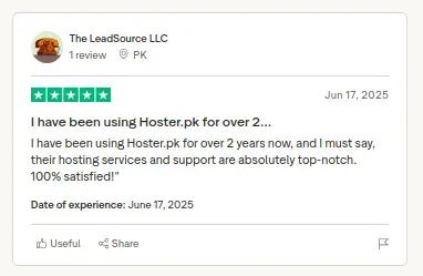 Review card screenshot for Abdul Wahab Sabir praising TheHoster.pk's top-notch hosting and support